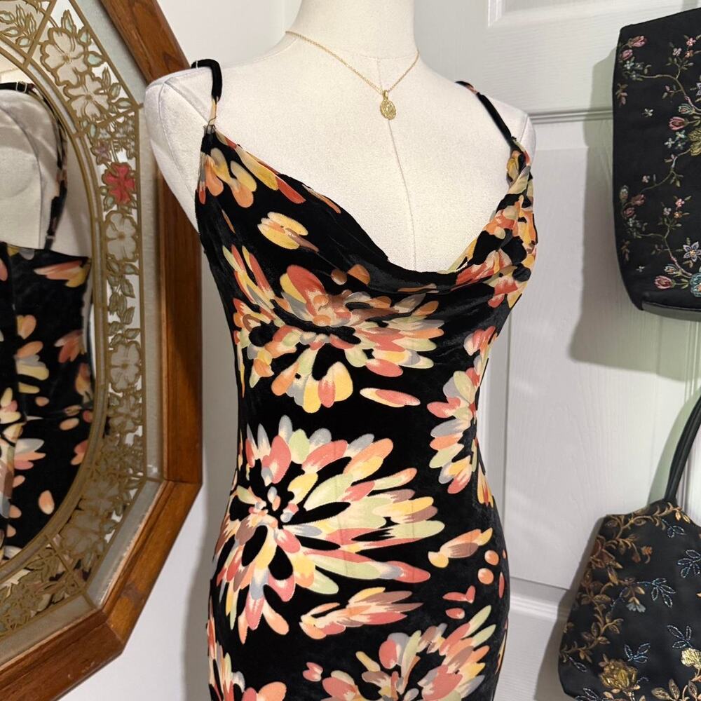 Rat & Boa Soleil Black, Orange Floral Velvet Burnout Silk Cowl Neck Mini Dress S - Picture 2 of 8
